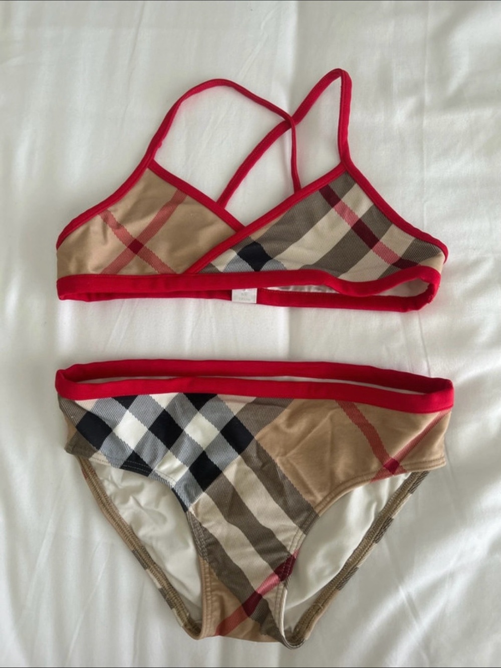 Burberry Beige Check Bikini Set with Red Trim